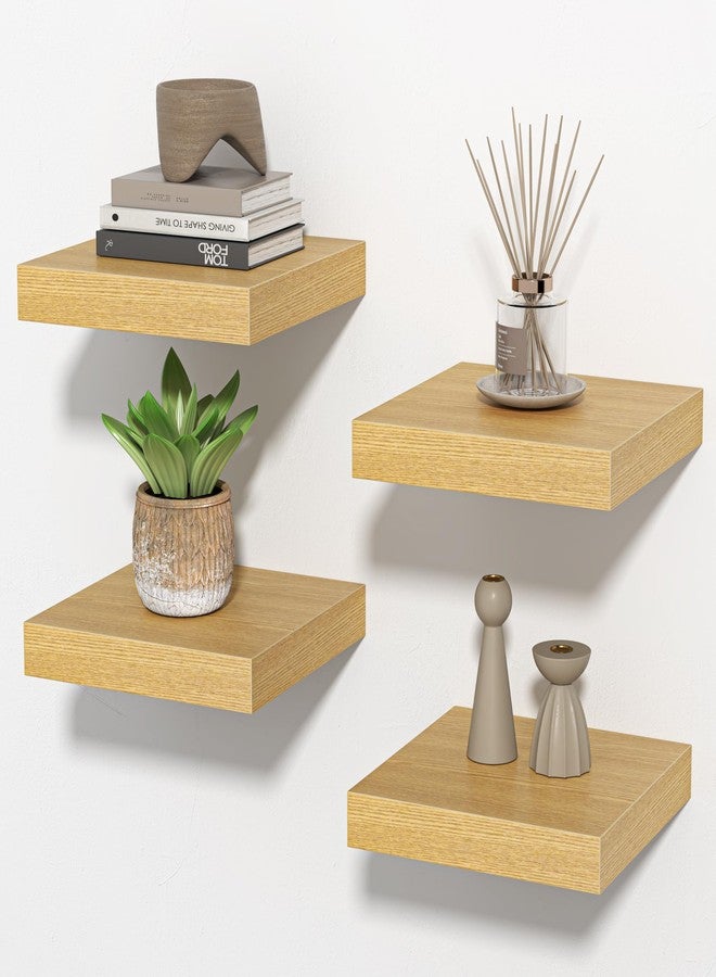 FLYJOE Square Floating Shelves for Wall, 8" W x 8" D x 1.4" H, Small Wooden Wall Mounted Display Shelves with Invisible Brackets for Living Room, Bedroom, Bathroom, Kitchen Decor, Set of 4, Oak - Image 1